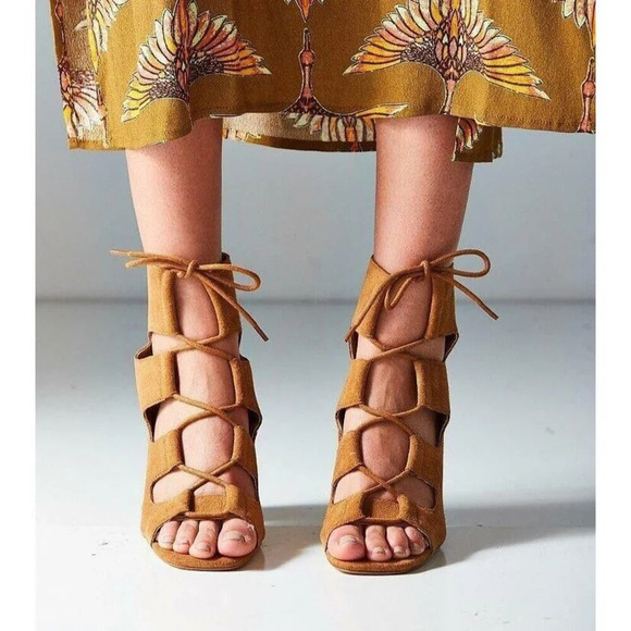 Urban Outfitters Women Brown Strappy Heels 9 Suede Lace Up Block Peep Toe Summer - Picture 2 of 16